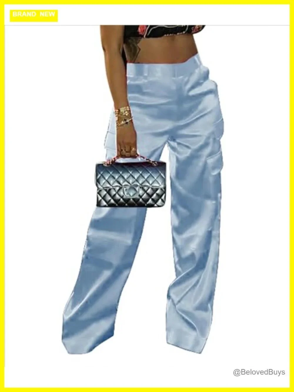 High Waisted Wide Leg Satin Cargo Pants with Pockets